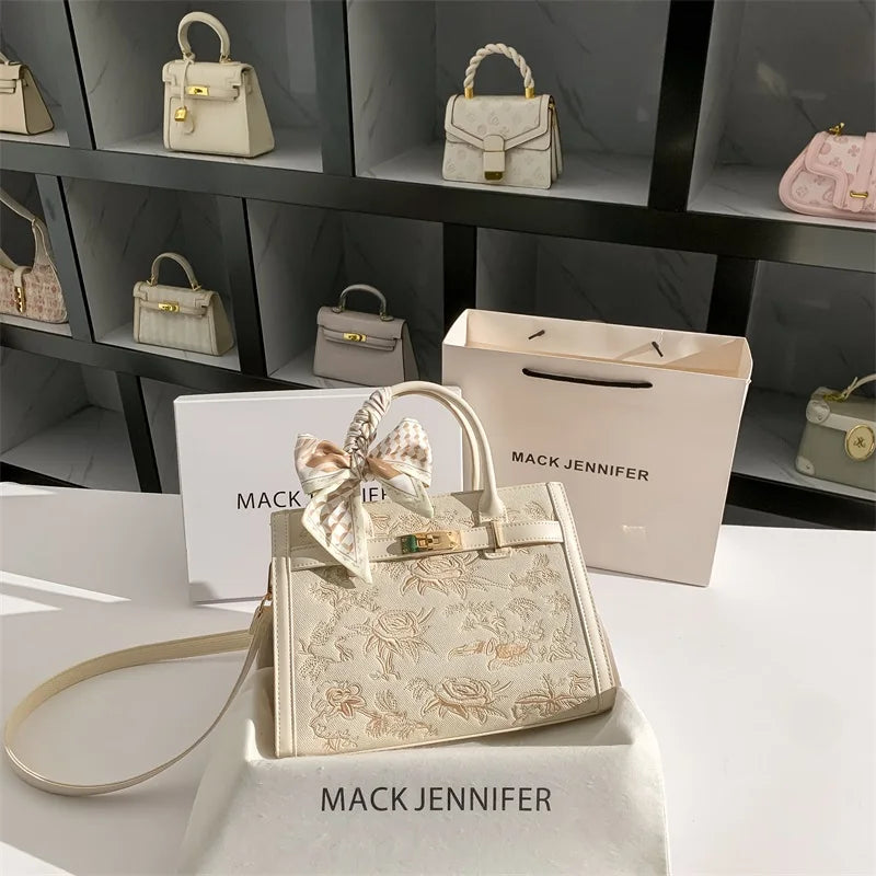 bag With Floral Embroidery and Silk Scarf Decoration and High Quality Material