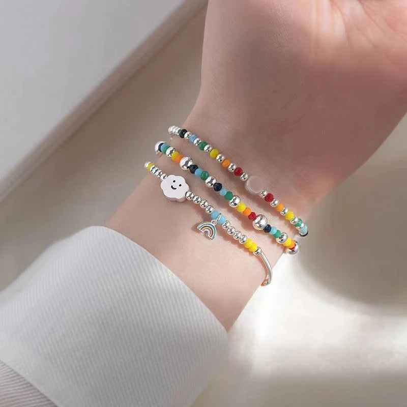 925 Sterling Silver Rainbow Beaded Bracelet Cute Little Bear Cloud Bracelet Women's Vintage Fashion Handwear Temperament Jewelry