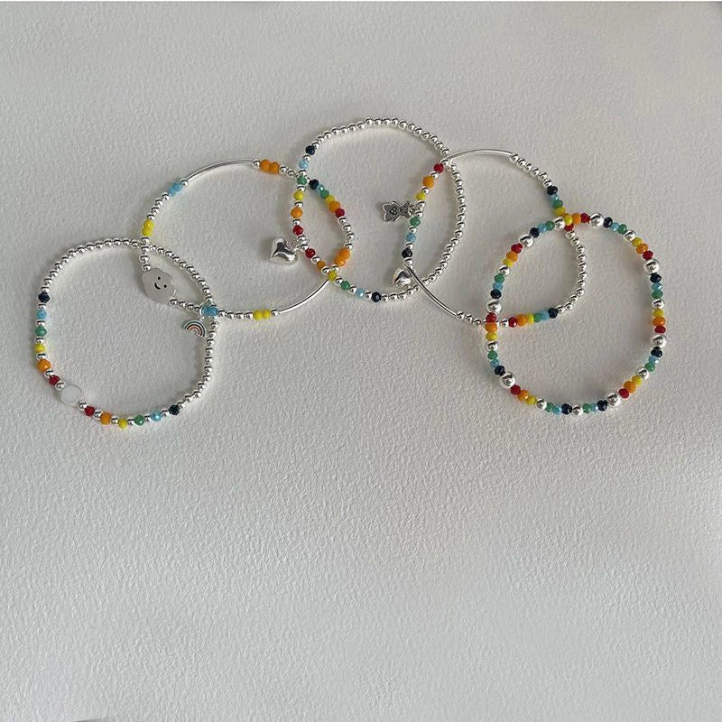 925 Sterling Silver Rainbow Beaded Bracelet Cute Little Bear Cloud Bracelet Women's Vintage Fashion Handwear Temperament Jewelry