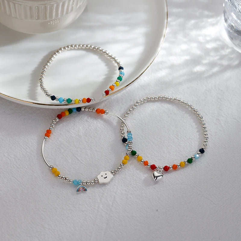 925 Sterling Silver Rainbow Beaded Bracelet Cute Little Bear Cloud Bracelet Women's Vintage Fashion Handwear Temperament Jewelry