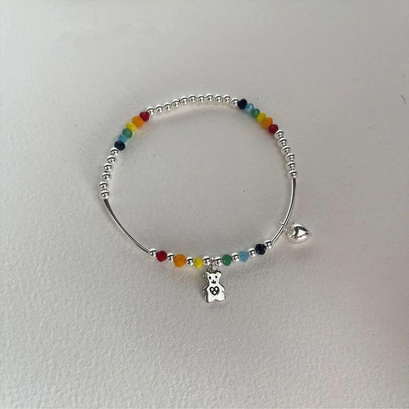 925 Sterling Silver Rainbow Beaded Bracelet Cute Little Bear Cloud Bracelet Women's Vintage Fashion Handwear Temperament Jewelry