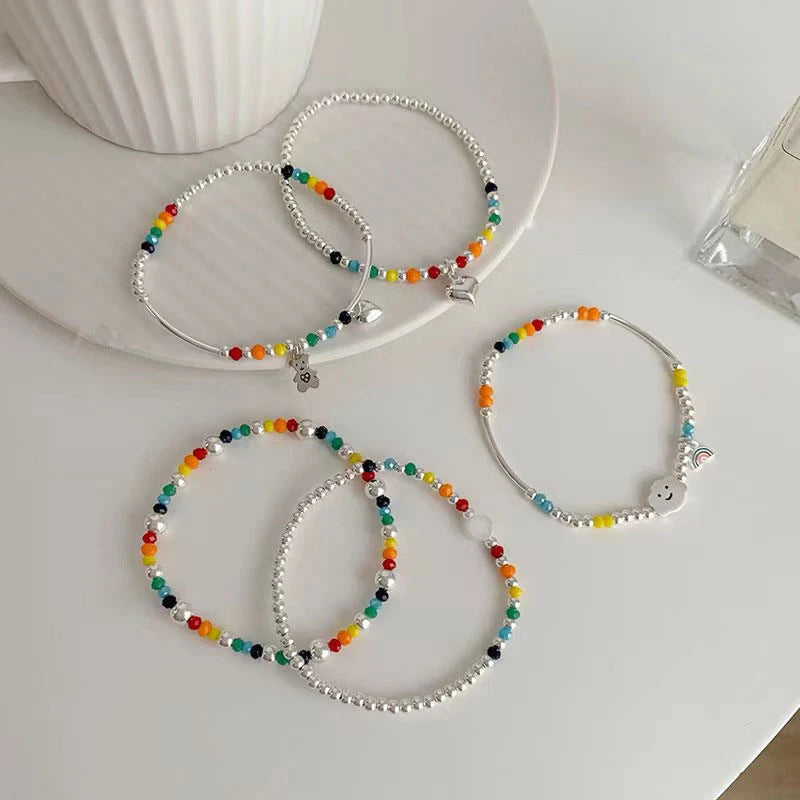 925 Sterling Silver Rainbow Beaded Bracelet Cute Little Bear Cloud Bracelet Women's Vintage Fashion Handwear Temperament Jewelry