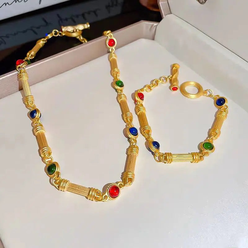 24K Royal Court Set - Bracelet & Necklace with Filigree Motifs, High-Purity Gold, Regal & Ornate