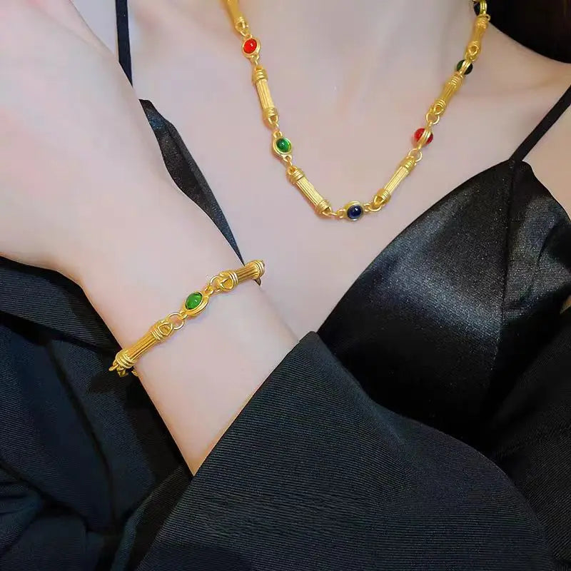 24K Royal Court Set - Bracelet & Necklace with Filigree Motifs, High-Purity Gold, Regal & Ornate