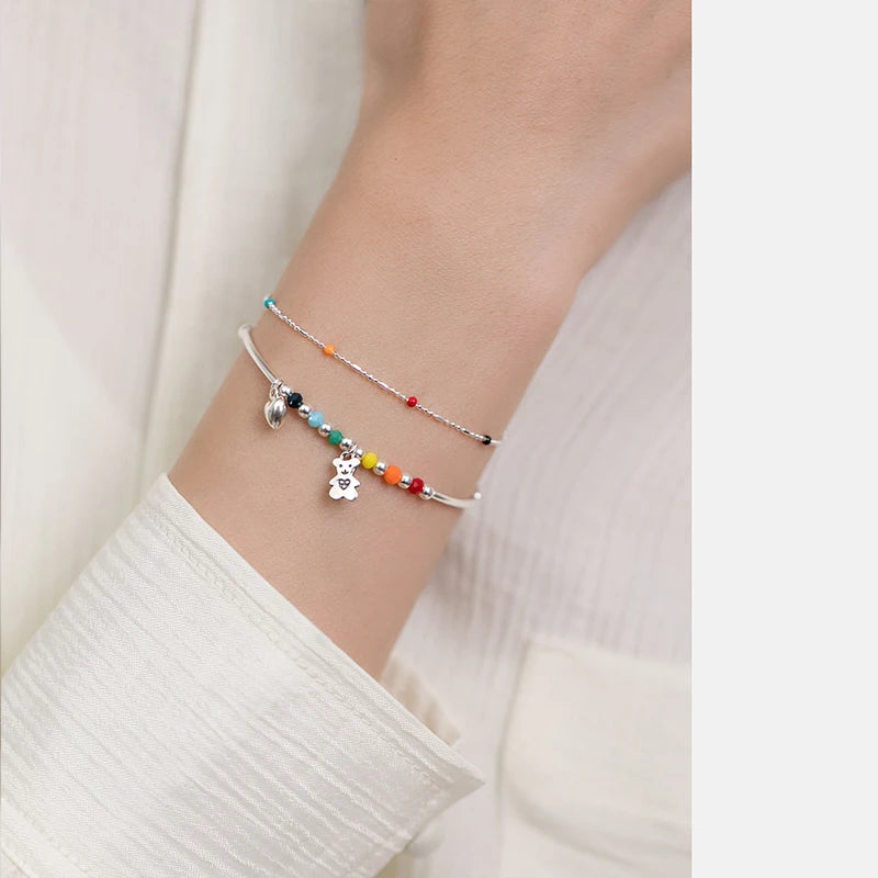 925 Sterling Silver Rainbow Beaded Bracelet Cute Little Bear Cloud Bracelet Women's Vintage Fashion Handwear Temperament Jewelry