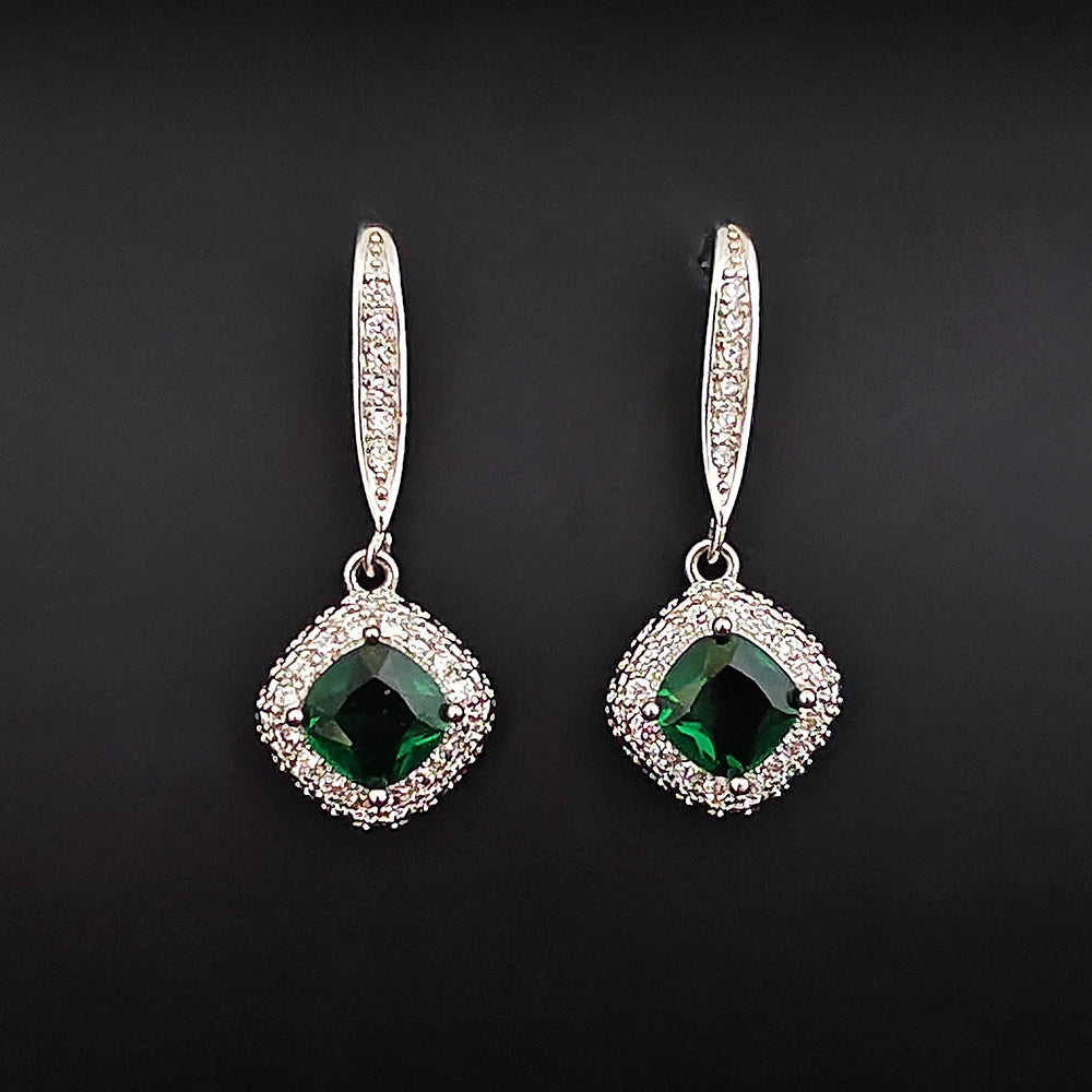 Luxury Cushion Green Multi Silver Color Korean Earrings
