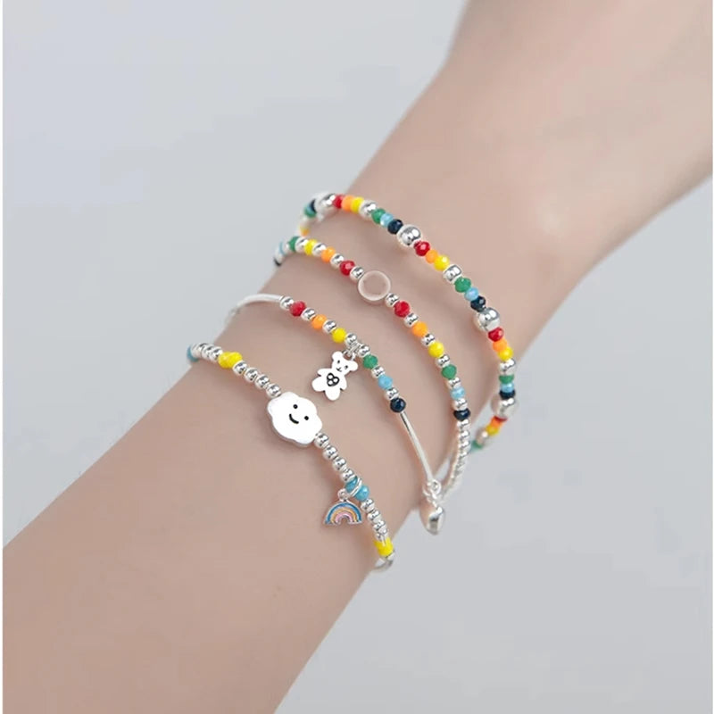 925 Sterling Silver Rainbow Beaded Bracelet Cute Little Bear Cloud Bracelet Women's Vintage Fashion Handwear Temperament Jewelry