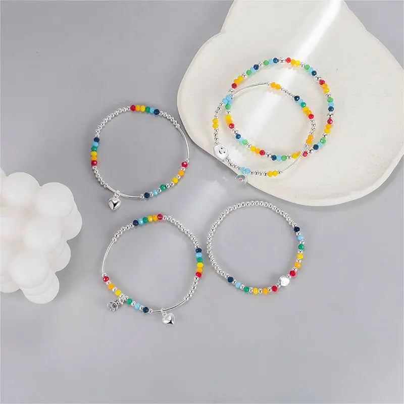 925 Sterling Silver Rainbow Beaded Bracelet Cute Little Bear Cloud Bracelet Women's Vintage Fashion Handwear Temperament Jewelry