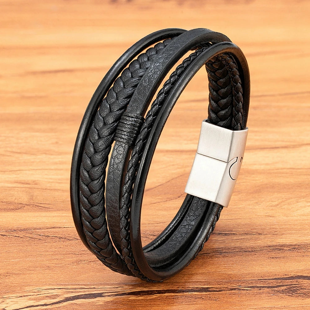 Leather Bracelet Multilayer Men's Bangles Stainless Steel Magnetic
