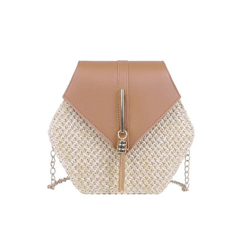 Hexagon Shape Straw PU Leather Handbag Women Summer Rattan Bag Handmade Woven Beach