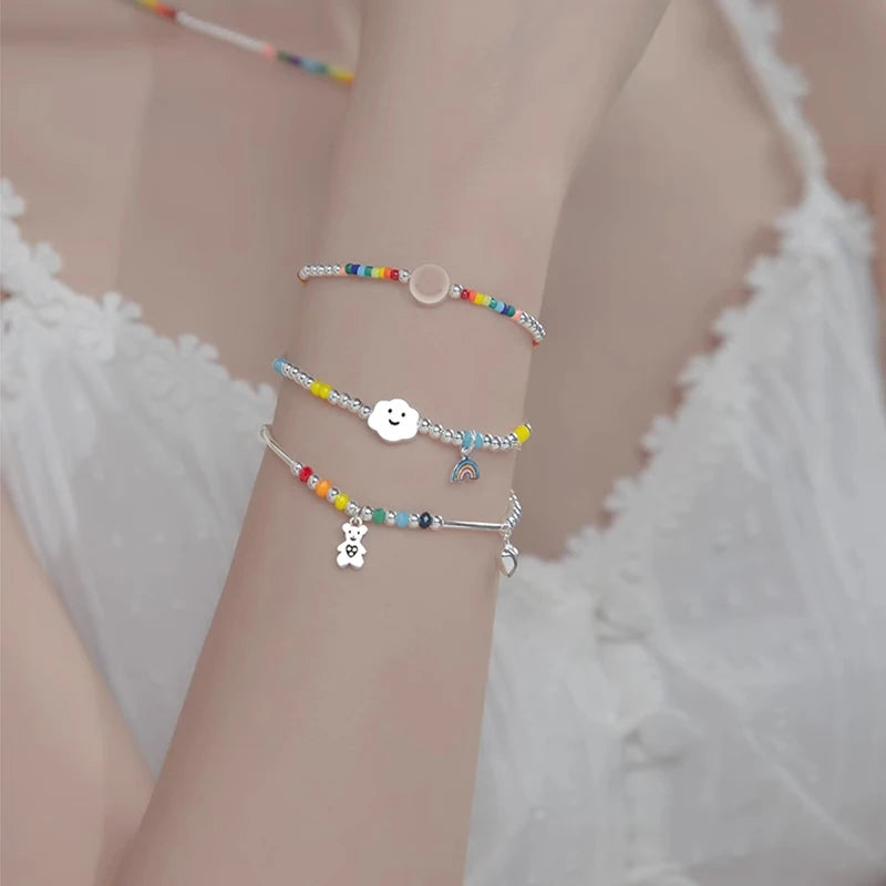 925 Sterling Silver Rainbow Beaded Bracelet Cute Little Bear Cloud Bracelet Women's Vintage Fashion Handwear Temperament Jewelry