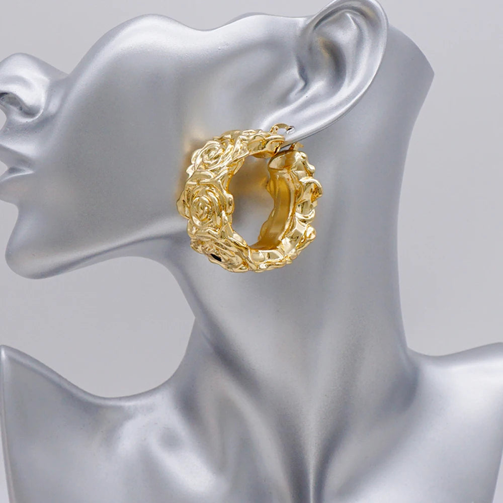 Gold Color Earring Bohemia Flower Round Drop Copper Hoop Earrings Circle