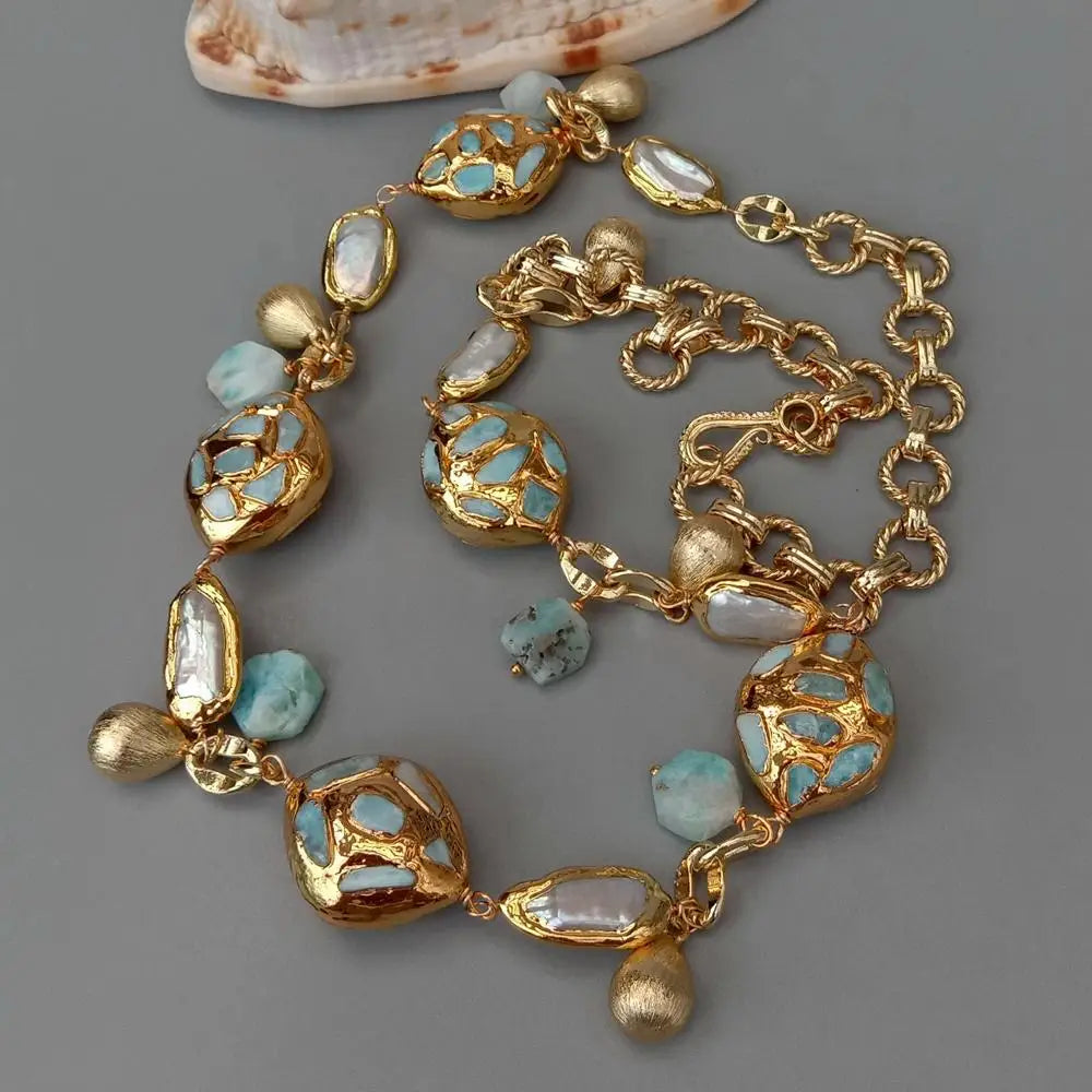 natural blue larimar chips beads natural Cultured White Biwa Pearl pave Gold Plated Chain