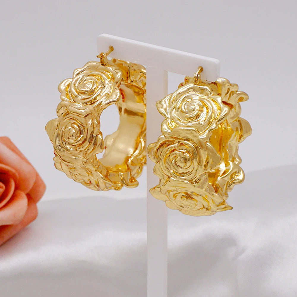 Gold Color Earring Bohemia Flower Round Drop Copper Hoop Earrings Circle