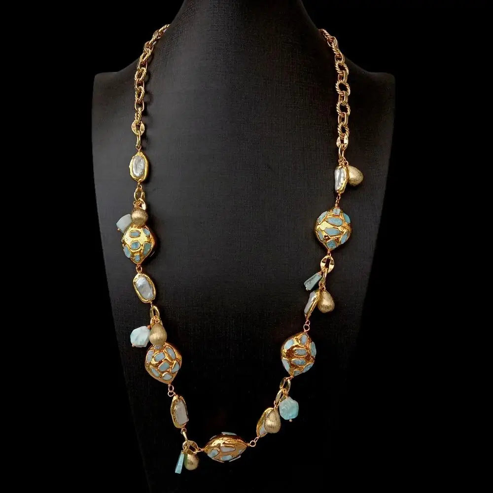 natural blue larimar chips beads natural Cultured White Biwa Pearl pave Gold Plated Chain