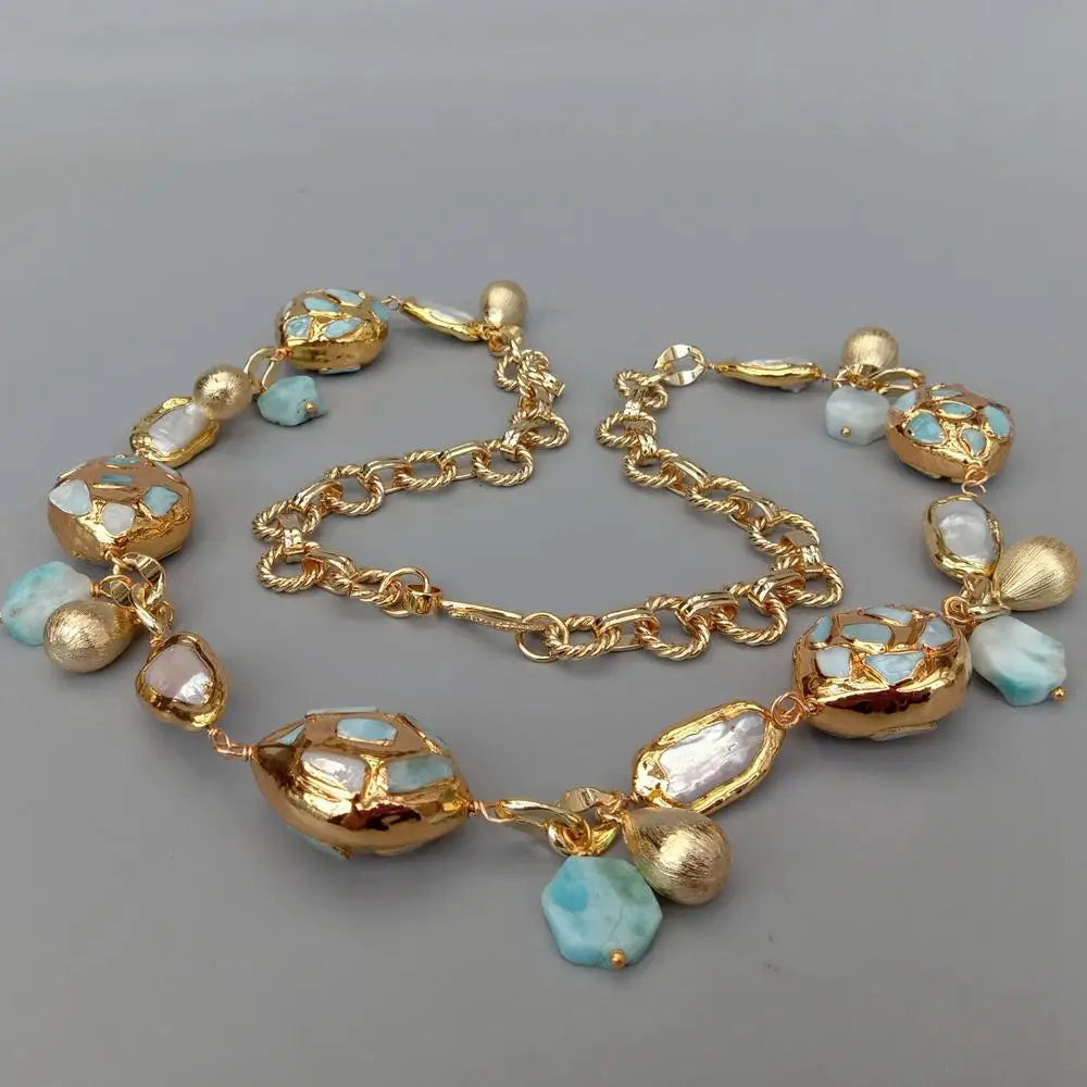 natural blue larimar chips beads natural Cultured White Biwa Pearl pave Gold Plated Chain