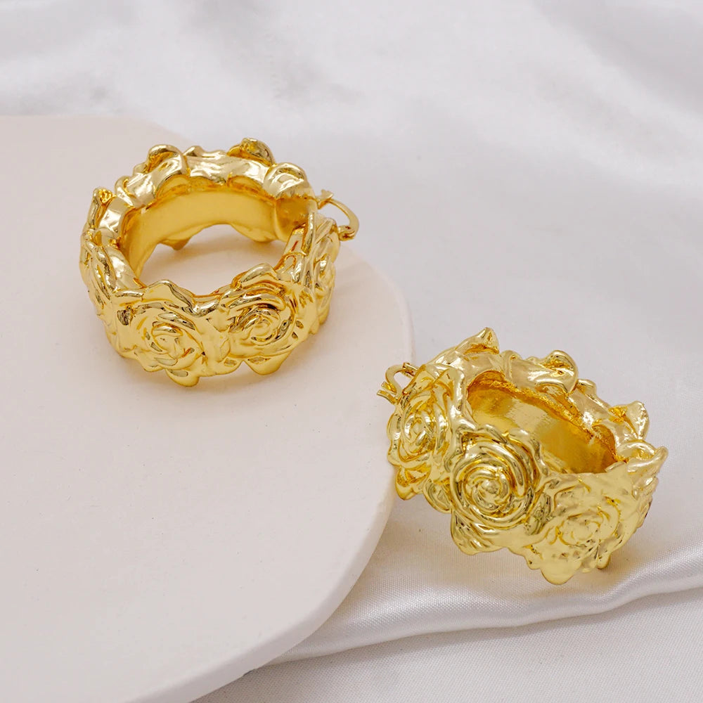 Gold Color Earring Bohemia Flower Round Drop Copper Hoop Earrings Circle