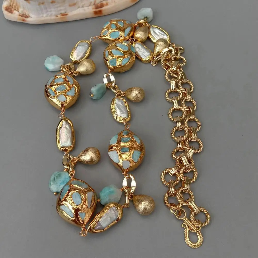 natural blue larimar chips beads natural Cultured White Biwa Pearl pave Gold Plated Chain