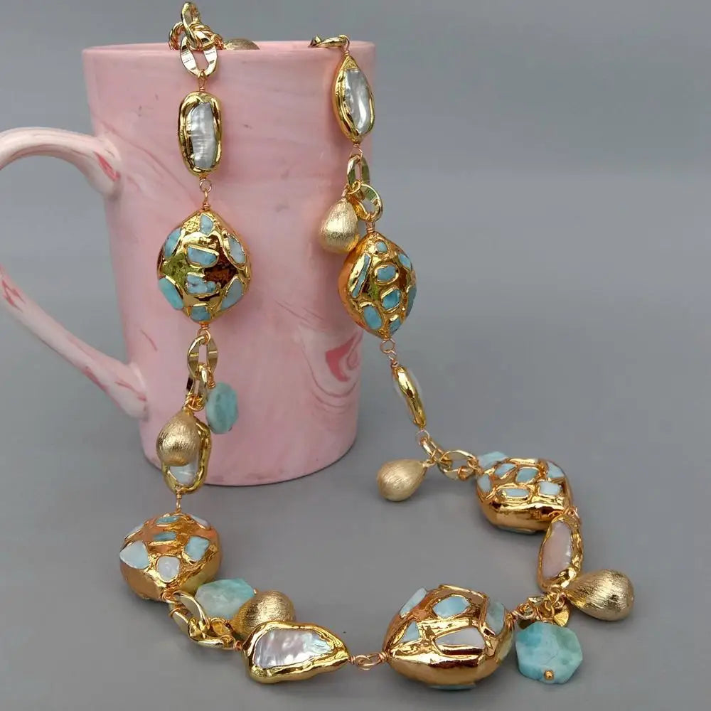 natural blue larimar chips beads natural Cultured White Biwa Pearl pave Gold Plated Chain