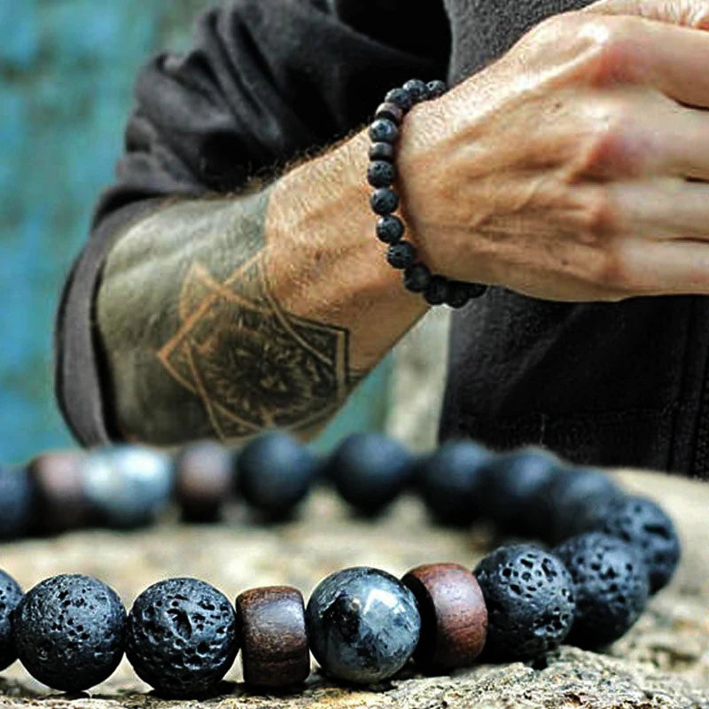Volcanic Stone Bracelet for Men Lava Wooden
