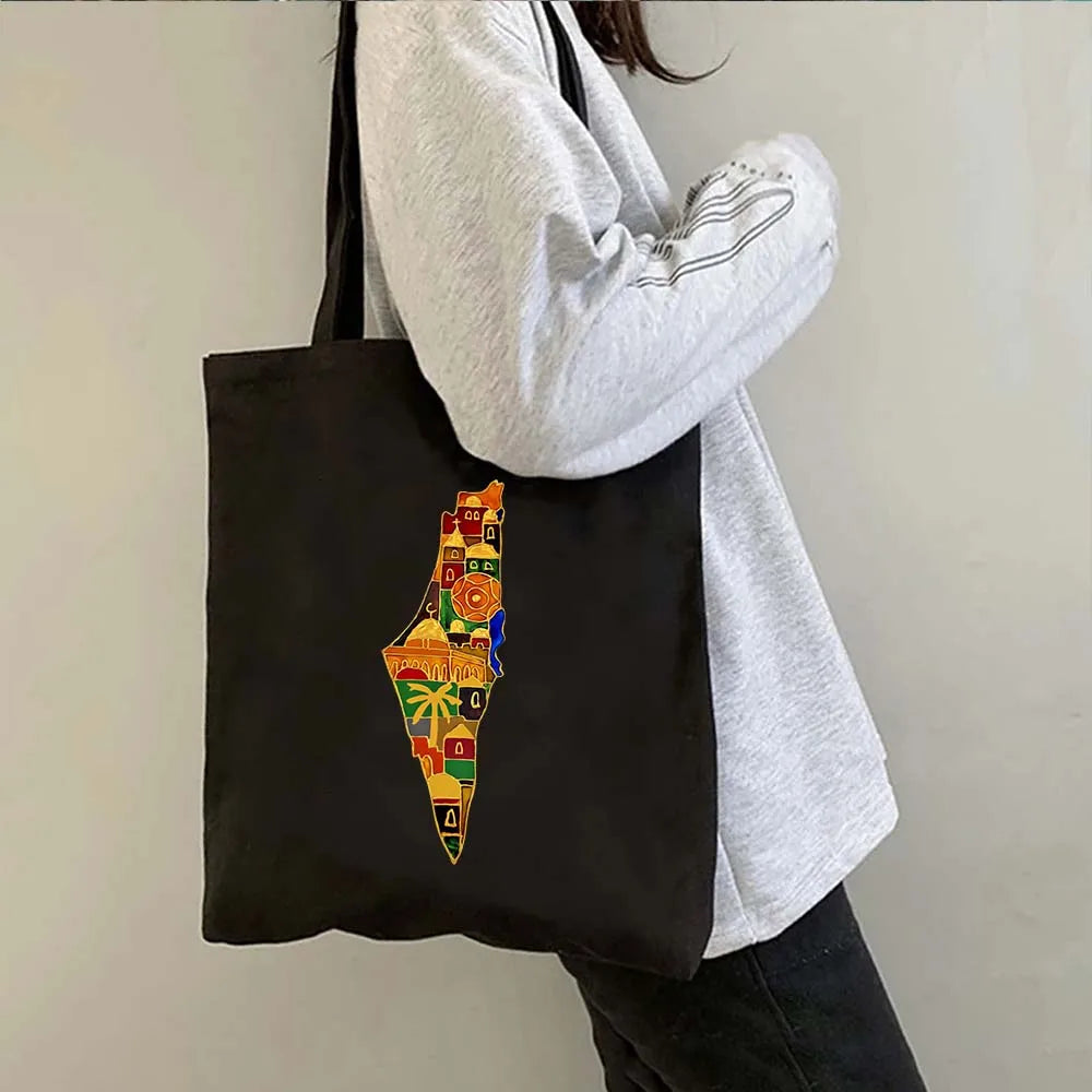 Arabic Keffiyeh Gifts Jerusalem Landmarks Map Men Women Canvas Shoulder Tote Bag Reusable Shopper Cute Shopping Storage Handbags