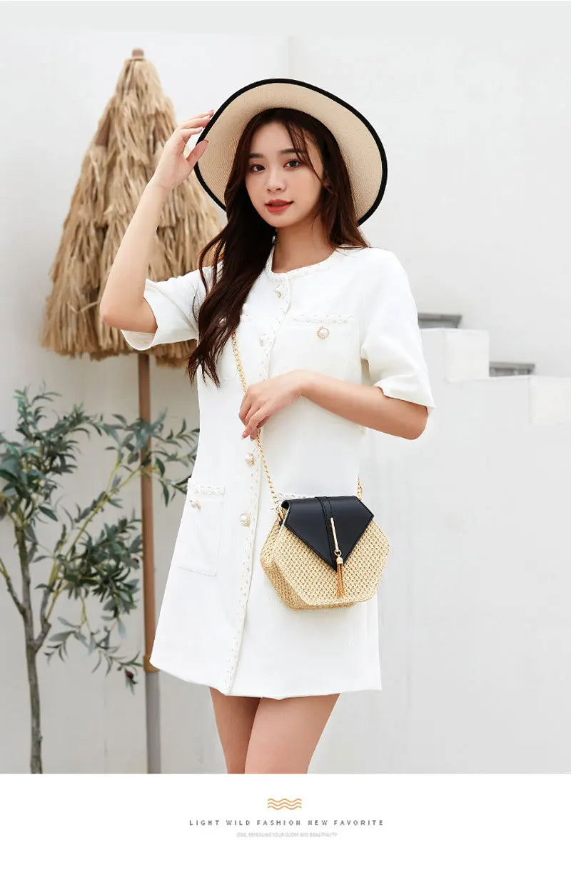 Hexagon Shape Straw PU Leather Handbag Women Summer Rattan Bag Handmade Woven Beach