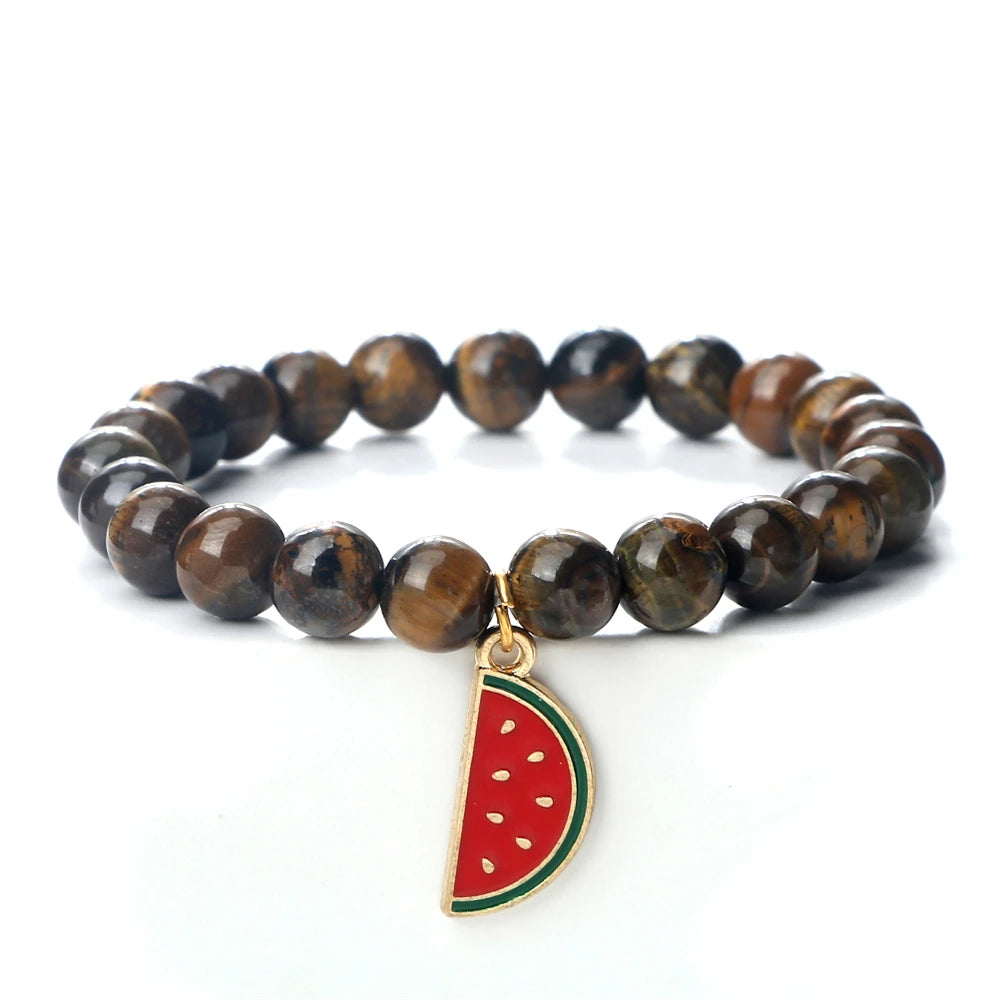 Natural Striped Agate Stone Bracelets 8mm Energy Healing Beads Bracelet with Watermelon Pendant Charm Jewelry Gift for Women Men