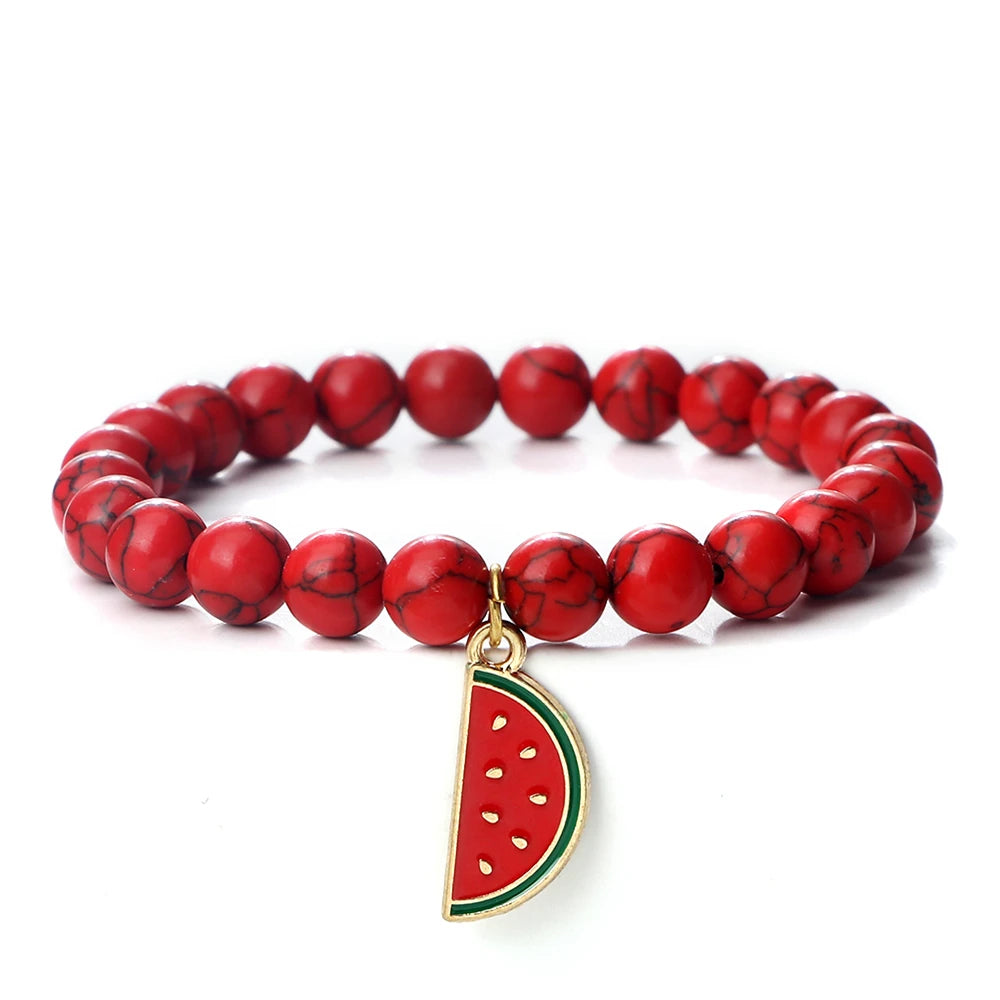 Natural Striped Agate Stone Bracelets 8mm Energy Healing Beads Bracelet with Watermelon Pendant Charm Jewelry Gift for Women Men