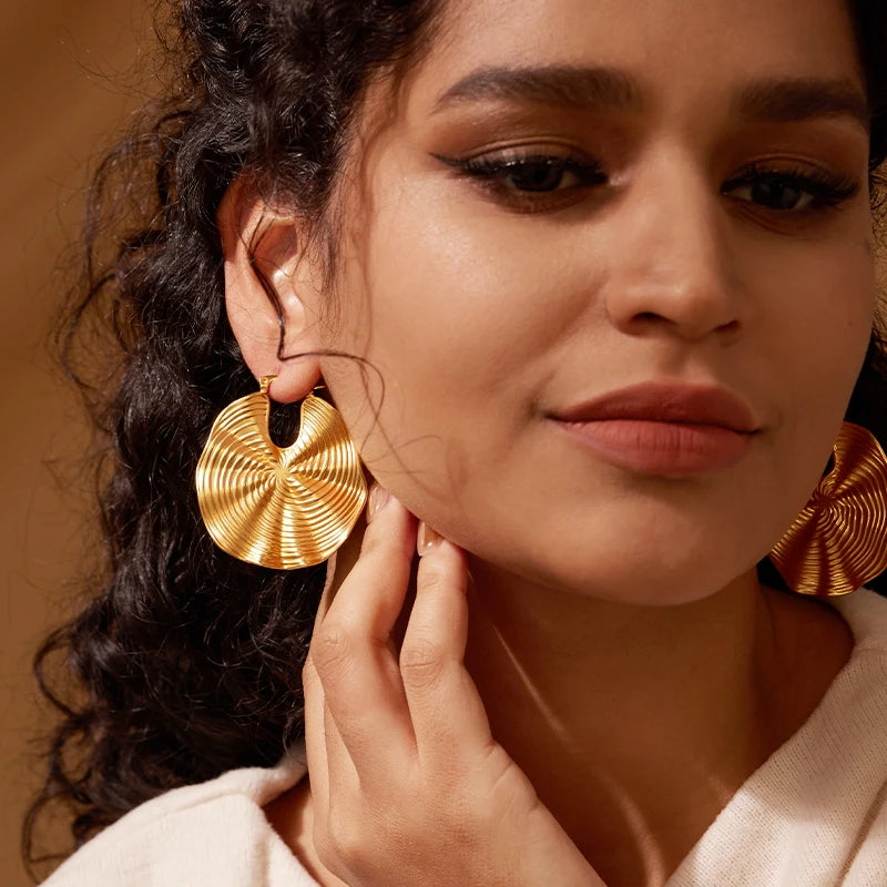 Matte Stripe Hoop Earrings For Women Plated 18K Gold Color Big Circle Loop Earings Fashion Jewelry