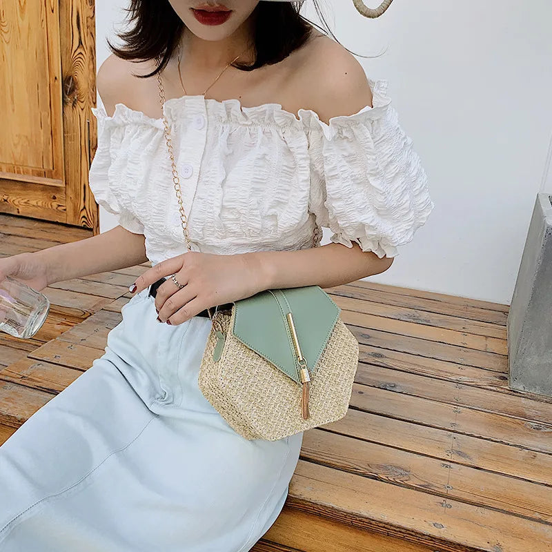 Hexagon Shape Straw PU Leather Handbag Women Summer Rattan Bag Handmade Woven Beach