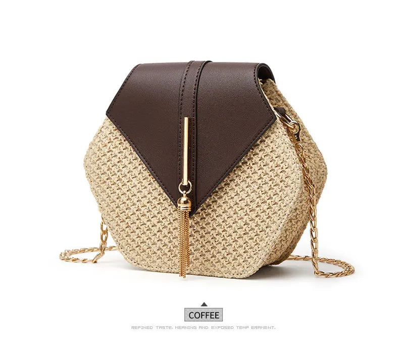 Hexagon Shape Straw PU Leather Handbag Women Summer Rattan Bag Handmade Woven Beach