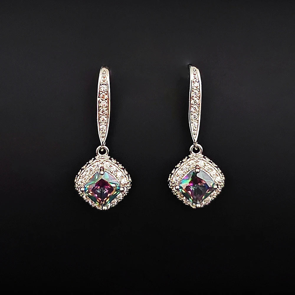 Luxury Cushion Green Multi Silver Color Korean Earrings