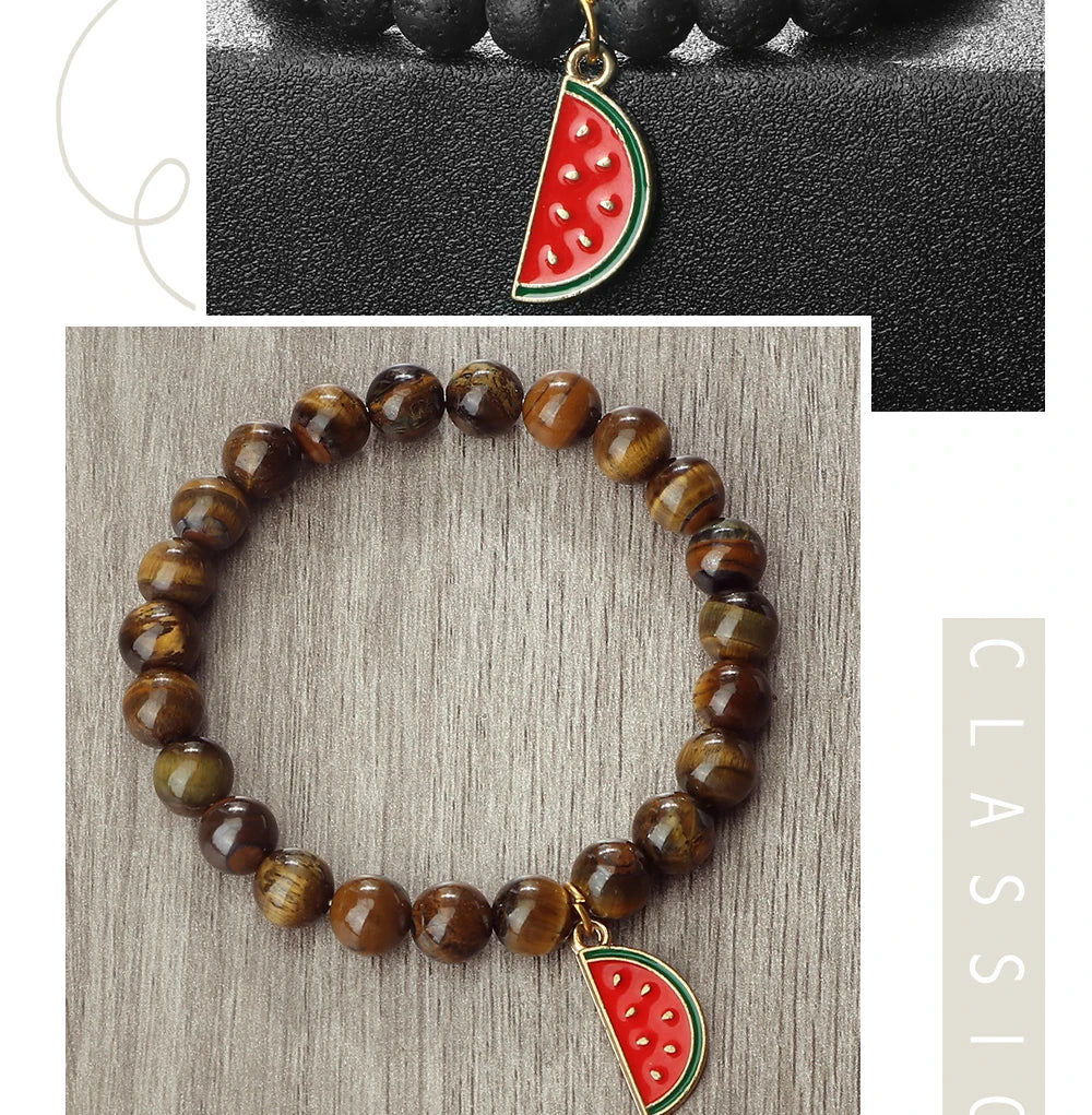 Natural Striped Agate Stone Bracelets 8mm Energy Healing Beads Bracelet with Watermelon Pendant Charm Jewelry Gift for Women Men