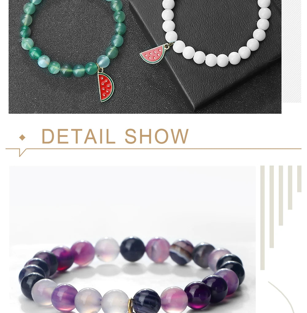 Natural Striped Agate Stone Bracelets 8mm Energy Healing Beads Bracelet with Watermelon Pendant Charm Jewelry Gift for Women Men