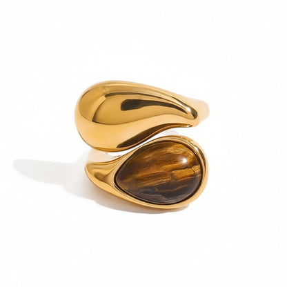 Pearl Natural Tiger Stone Finger Ring 18K Gold Color Plated