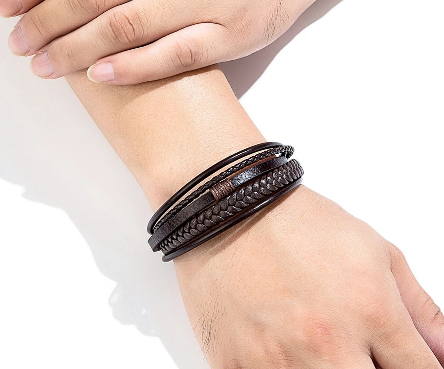 Leather Bracelet Multilayer Men's Bangles Stainless Steel Magnetic