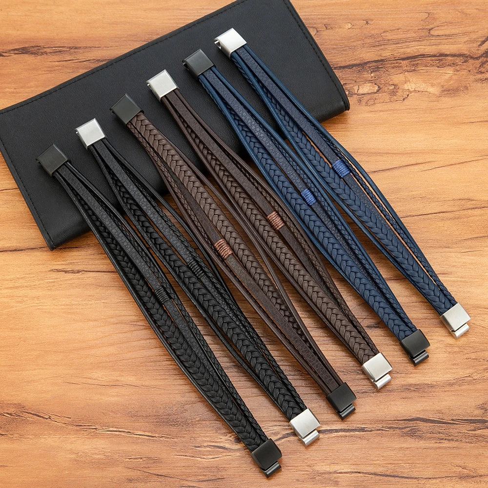 Leather Bracelet Multilayer Men's Bangles Stainless Steel Magnetic