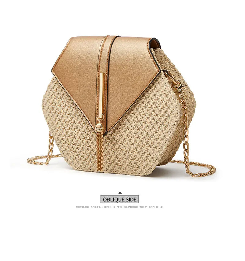 Hexagon Shape Straw PU Leather Handbag Women Summer Rattan Bag Handmade Woven Beach
