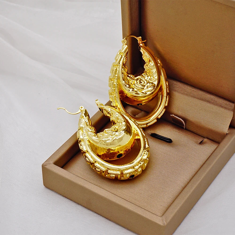 Gold Color Earring Bohemia Flower Round Drop Copper Hoop Earrings Circle