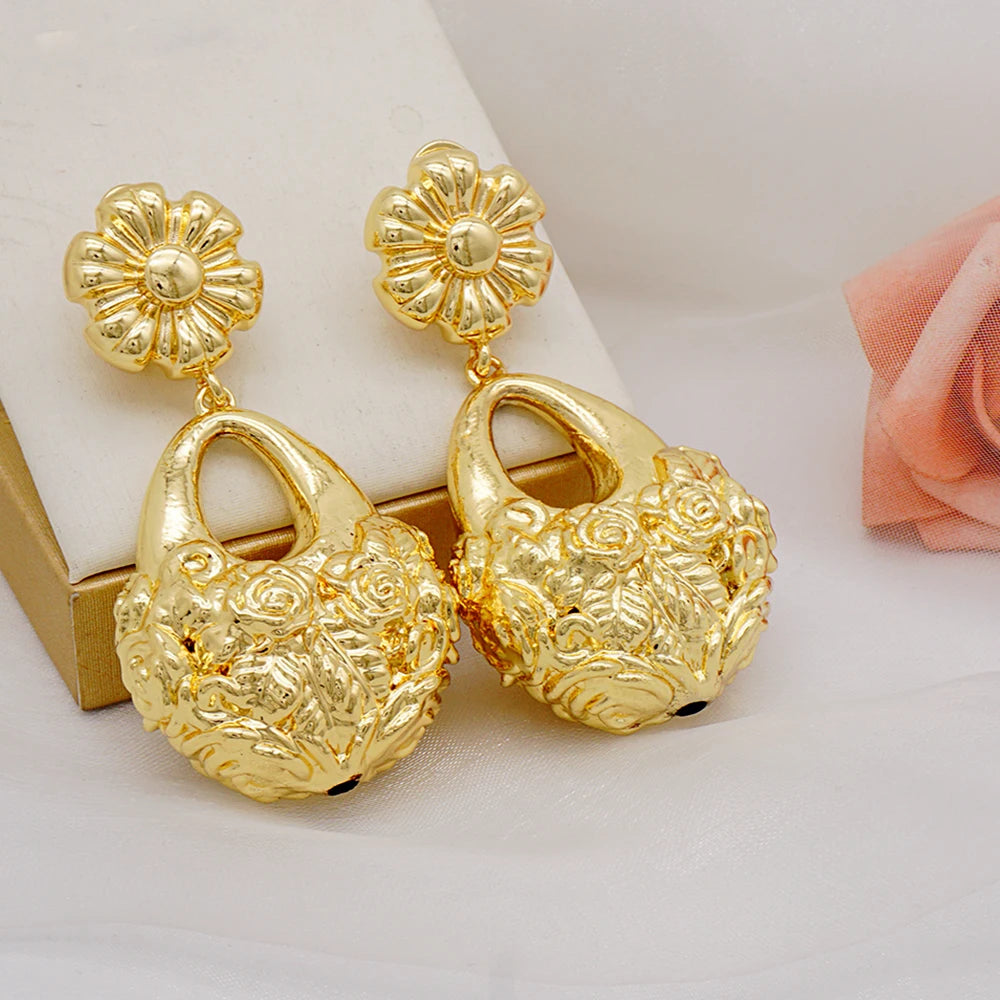 Gold Color Earring Bohemia Flower Round Drop Copper Hoop Earrings Circle