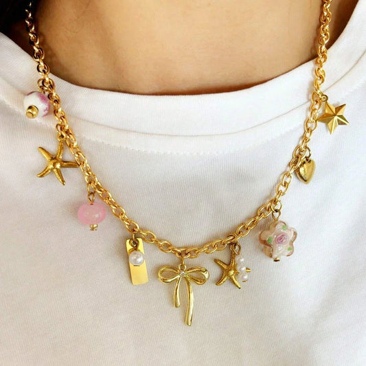 Creative Stainless Steel Starfish Flower Pendant Golden Color Necklace Ladies