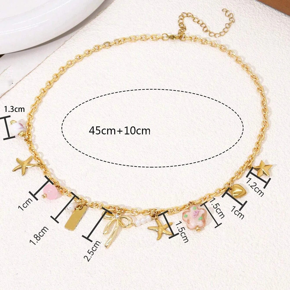 Creative Stainless Steel Starfish Flower Pendant Golden Color Necklace Ladies