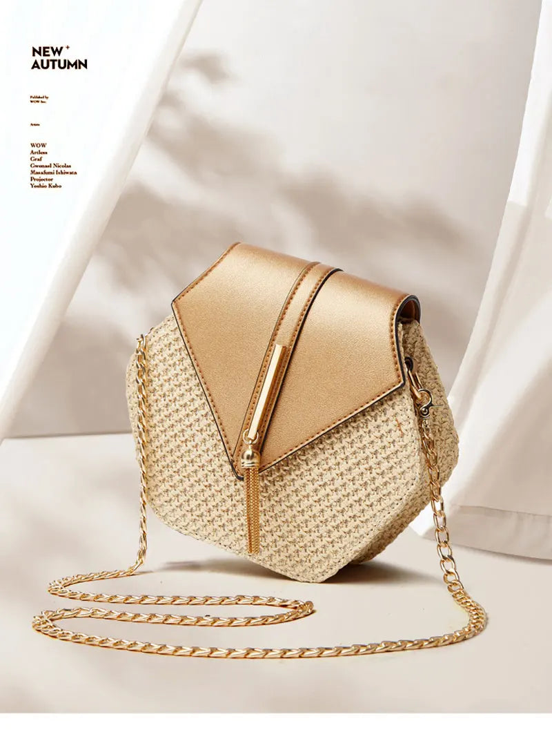 Hexagon Shape Straw PU Leather Handbag Women Summer Rattan Bag Handmade Woven Beach