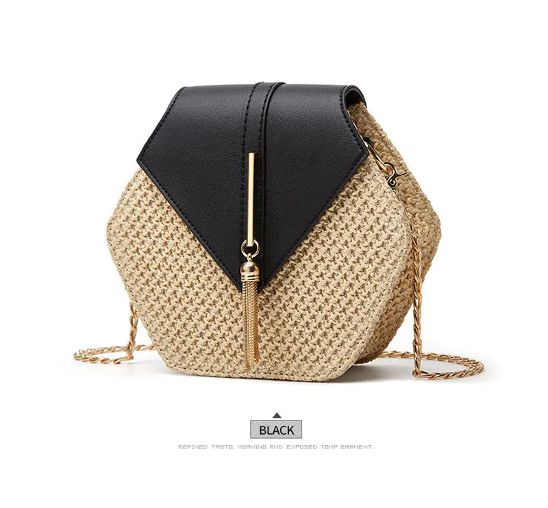 Hexagon Shape Straw PU Leather Handbag Women Summer Rattan Bag Handmade Woven Beach
