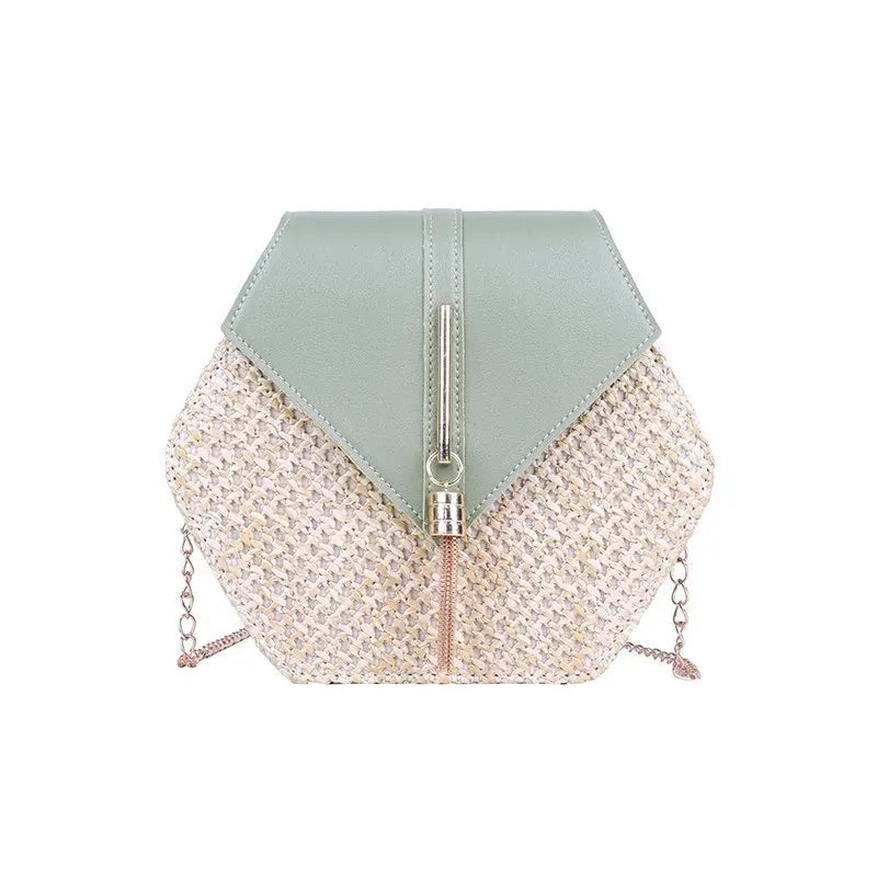 Hexagon Shape Straw PU Leather Handbag Women Summer Rattan Bag Handmade Woven Beach