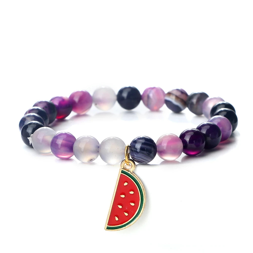 Natural Striped Agate Stone Bracelets 8mm Energy Healing Beads Bracelet with Watermelon Pendant Charm Jewelry Gift for Women Men