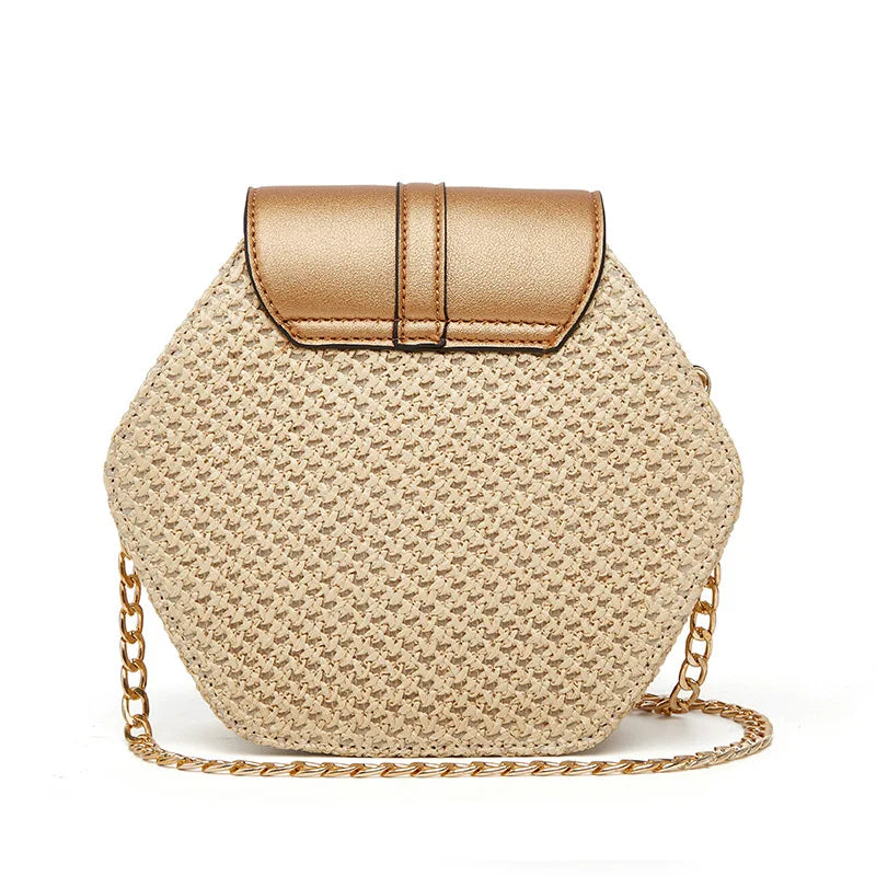 Hexagon Shape Straw PU Leather Handbag Women Summer Rattan Bag Handmade Woven Beach