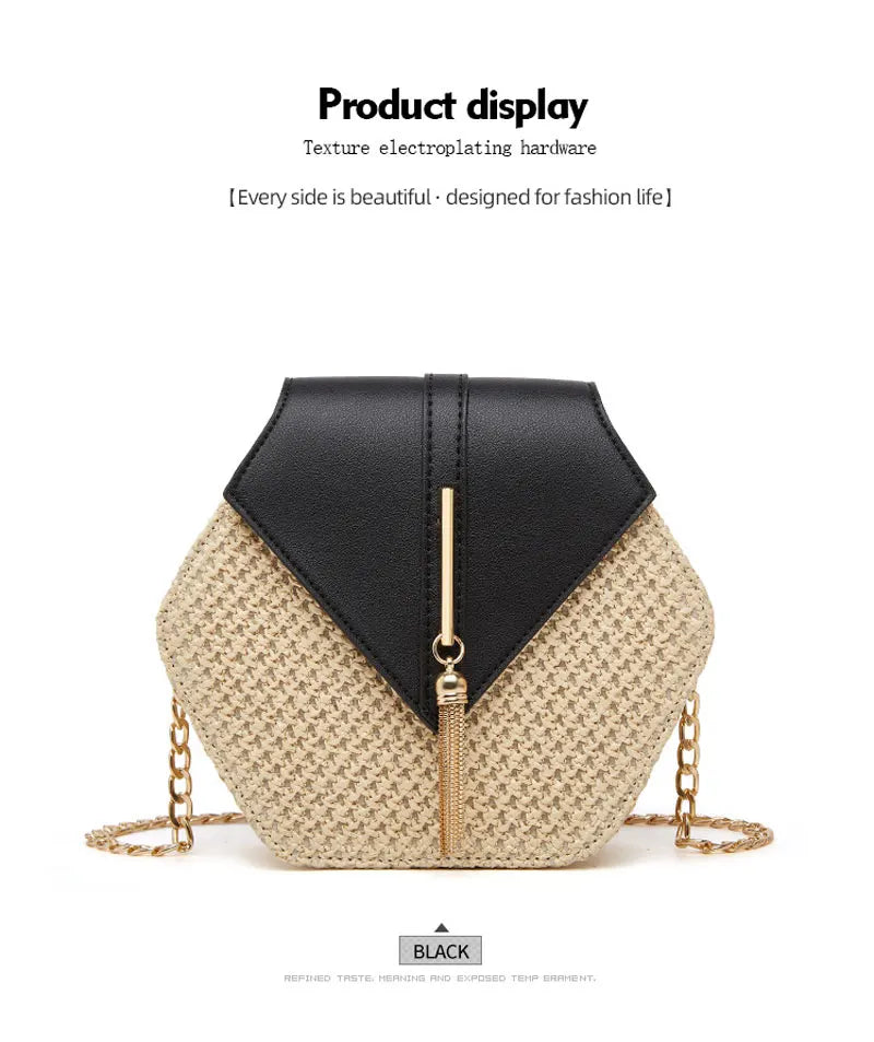Hexagon Shape Straw PU Leather Handbag Women Summer Rattan Bag Handmade Woven Beach