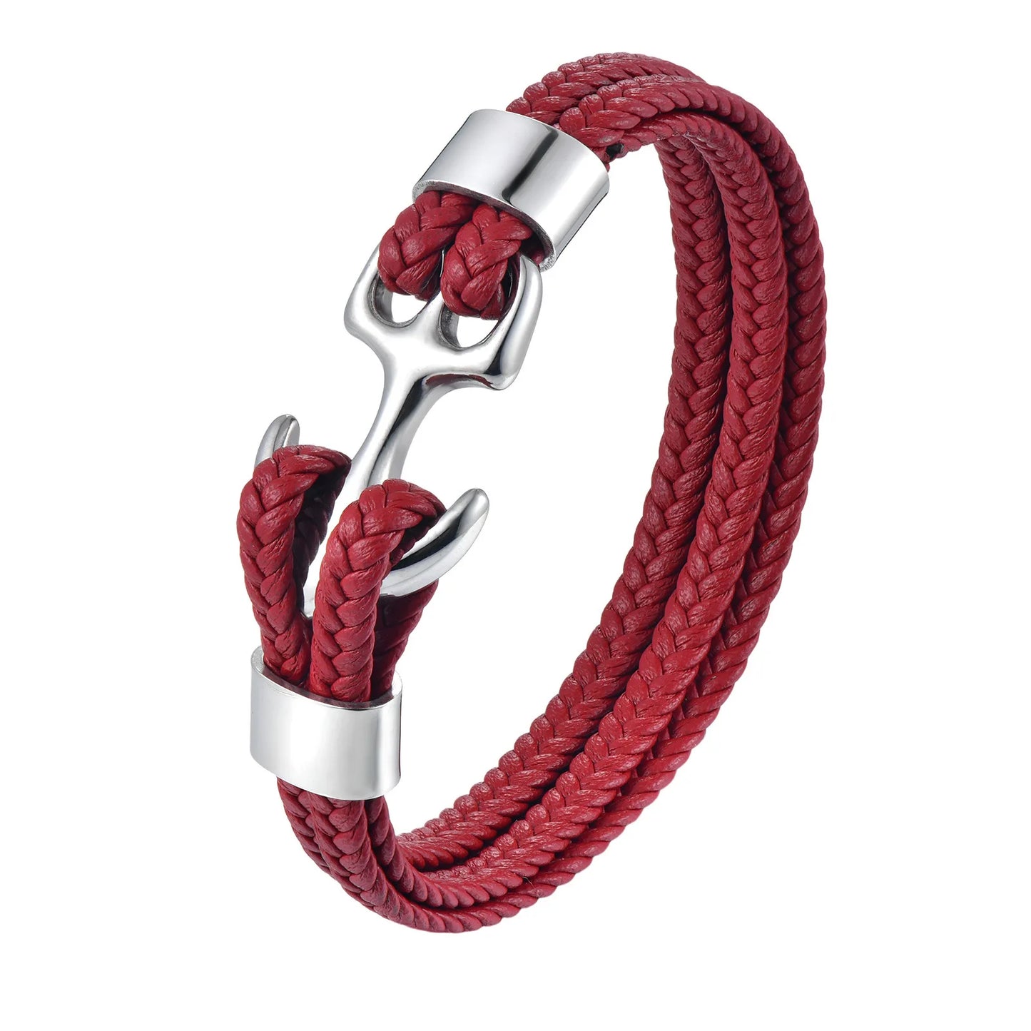 Stainless Steel Anchor Bracelet Red Woven Genuine Leather Rope Bracelet