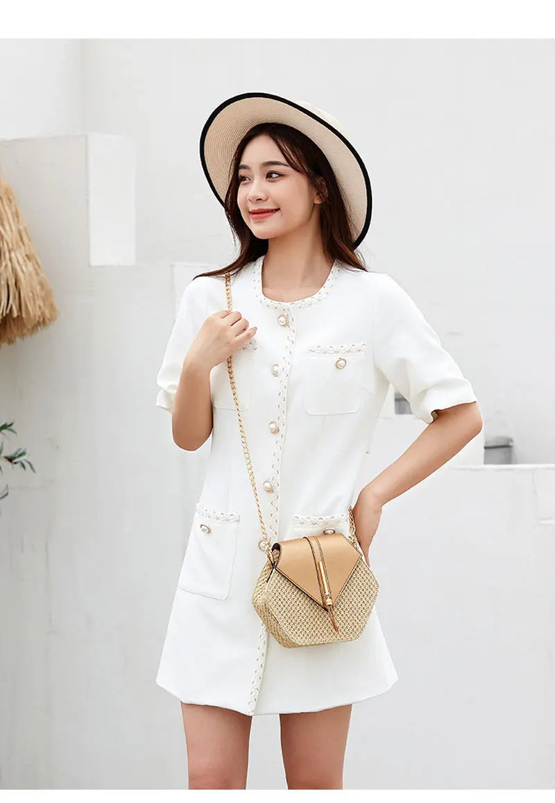 Hexagon Shape Straw PU Leather Handbag Women Summer Rattan Bag Handmade Woven Beach